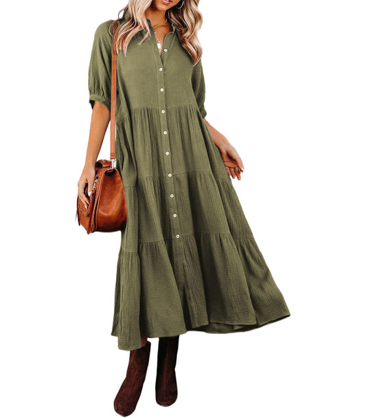 Women's Summer Cotton Half Sleeves Button Down Casual Loose Slit Midi Dress (⏰ 49% Off Today！）