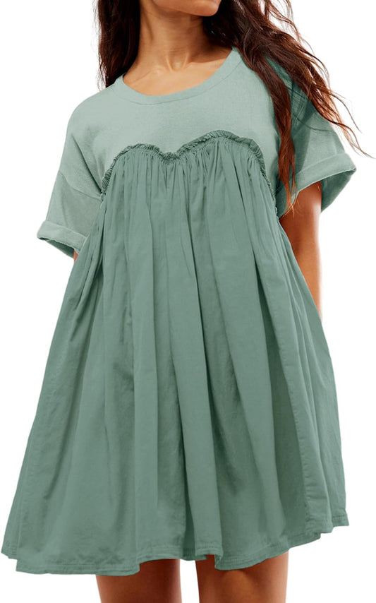 Women’s Summer Pleated Babydoll Dress with Pockets